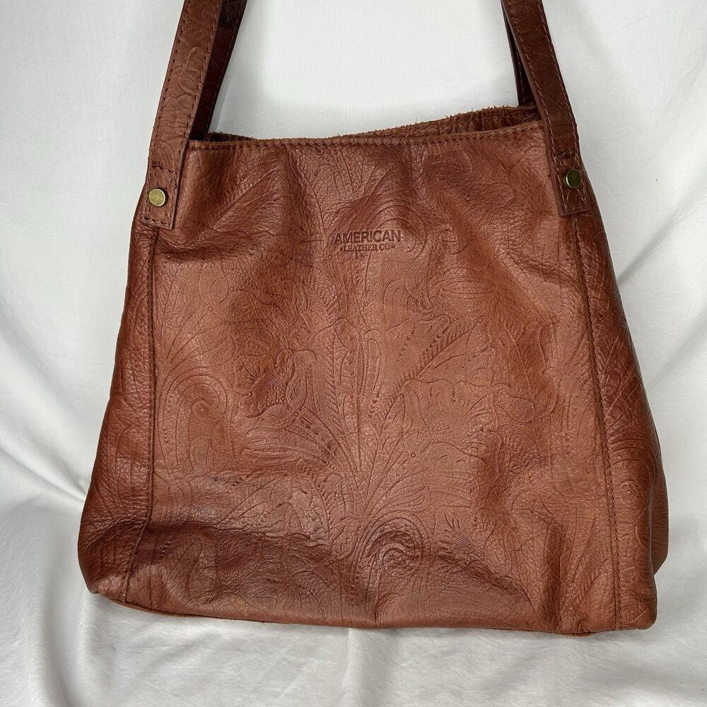 American Leather Co Ada Triple Entry Tooled Leather Shoulder Bag Brown